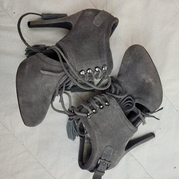 Colin Stuart gray suede booties fringe leather ties tassels stiletto heels 6.5 - Picture 12 of 13